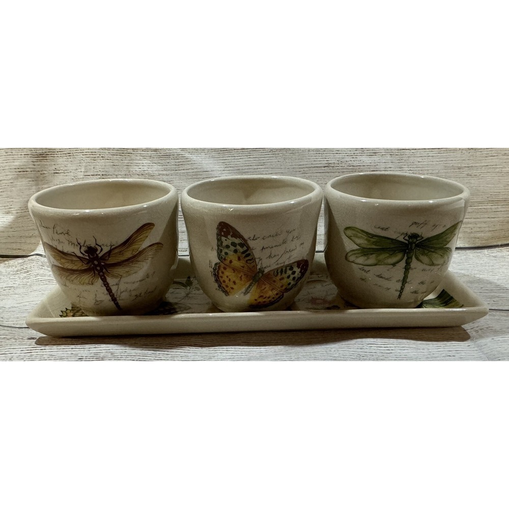 Yankee Candle Ceramic Crackle Tray Votives Butterflies Dragonflies 9.25 x 3.25 1